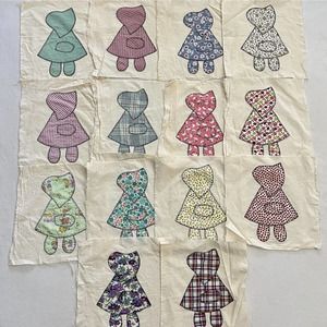 14 Sunbonnet Sue Floral Plaid Muslin 12x12” Quilt Squares Hand Stitched Lot